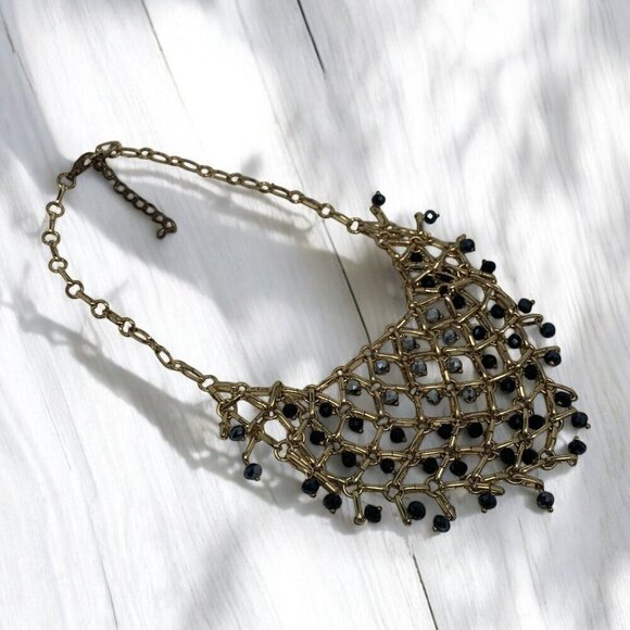 Vintage Art Deco Beaded Lace Chainmail Gold-Tone Necklace With Iridescent Beads - Picture 4 of 4